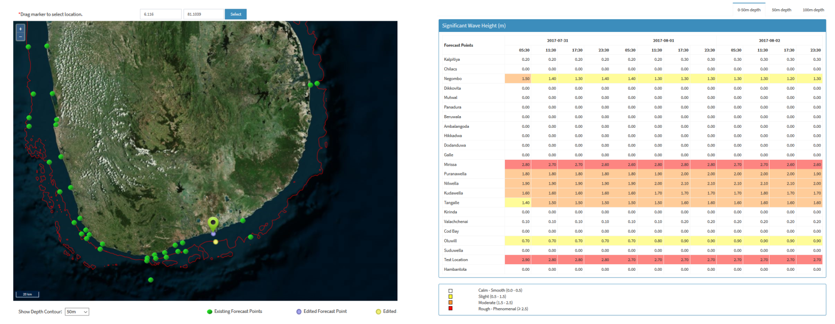 User-specified forecast location (left), summary table (right)