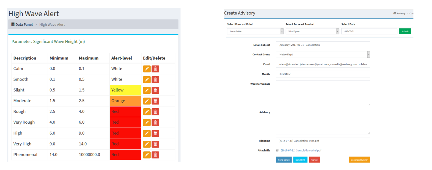 User-defined alert levels (left) and advisory composition (right)